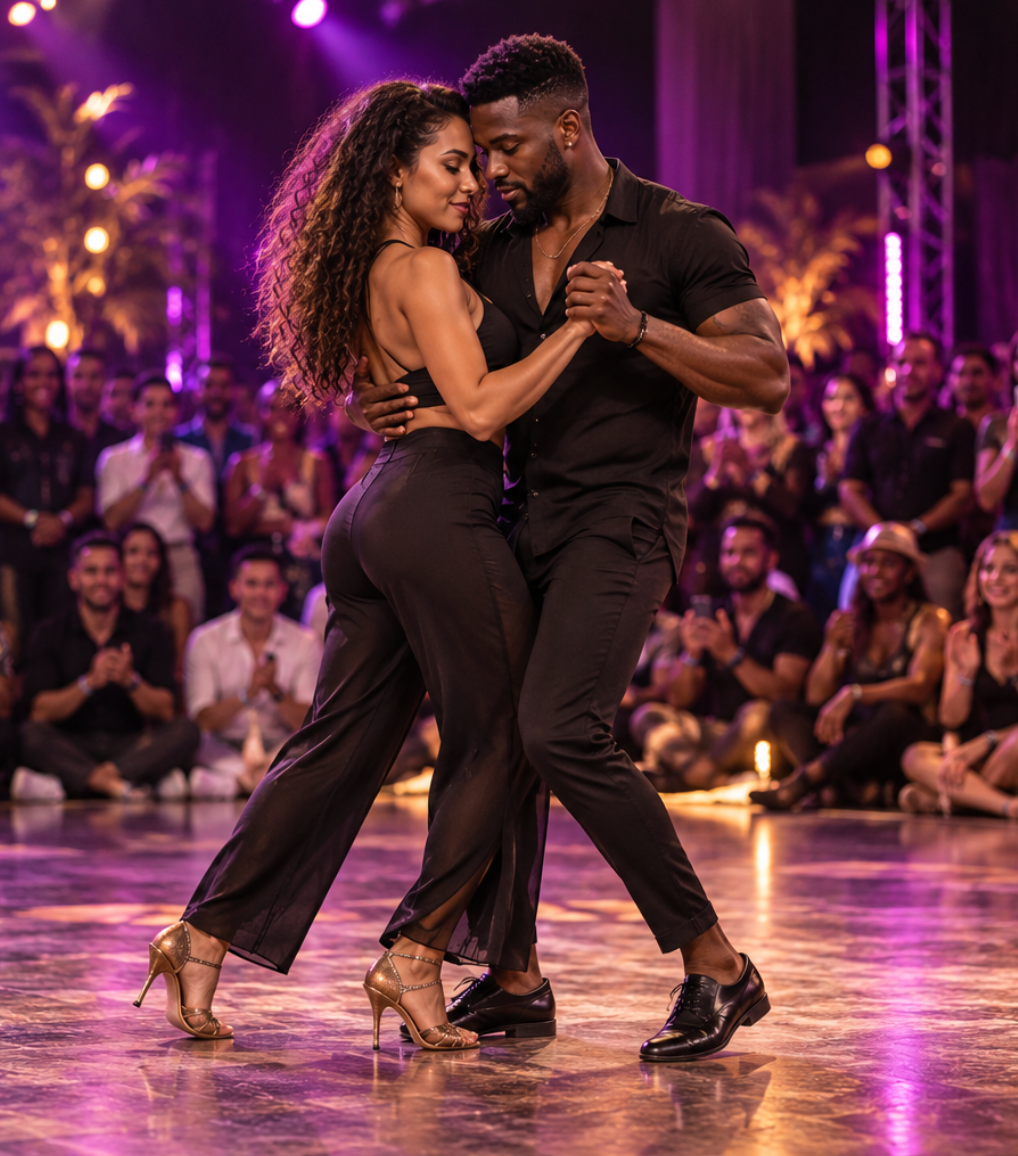 Dancing couple surrounded by spectators, representing the Battle Kizz competition
