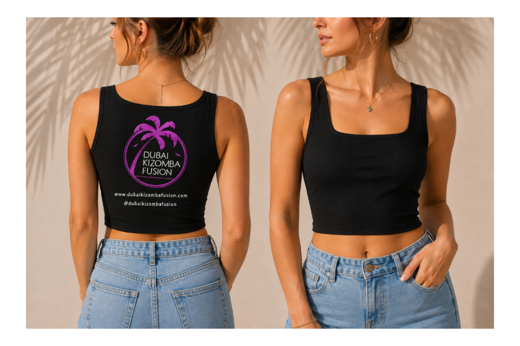 DKF women’s crop top, front and back design